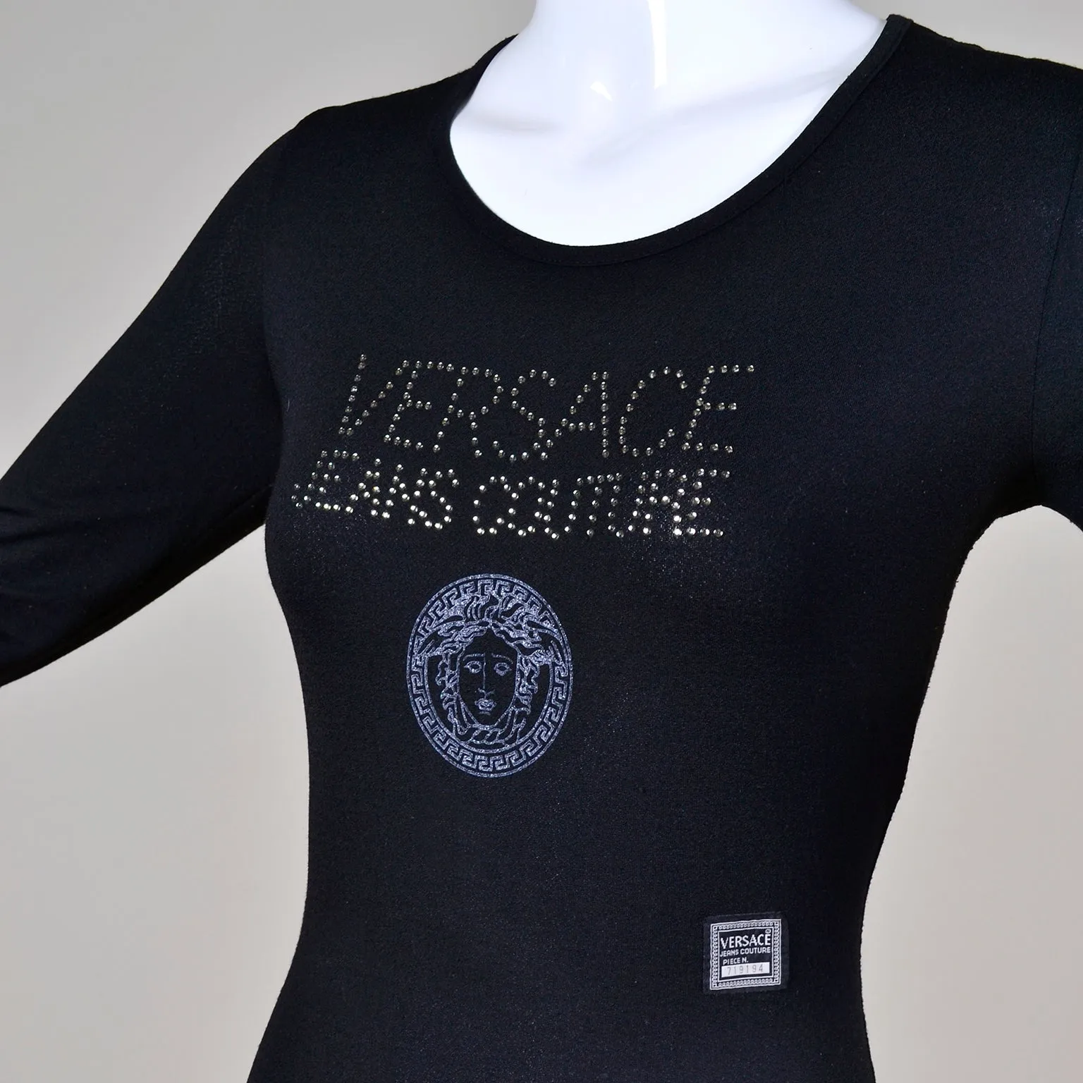 1990s Gianni Versace Jeans Couture Black Bodysuit Logo Top w Medusa