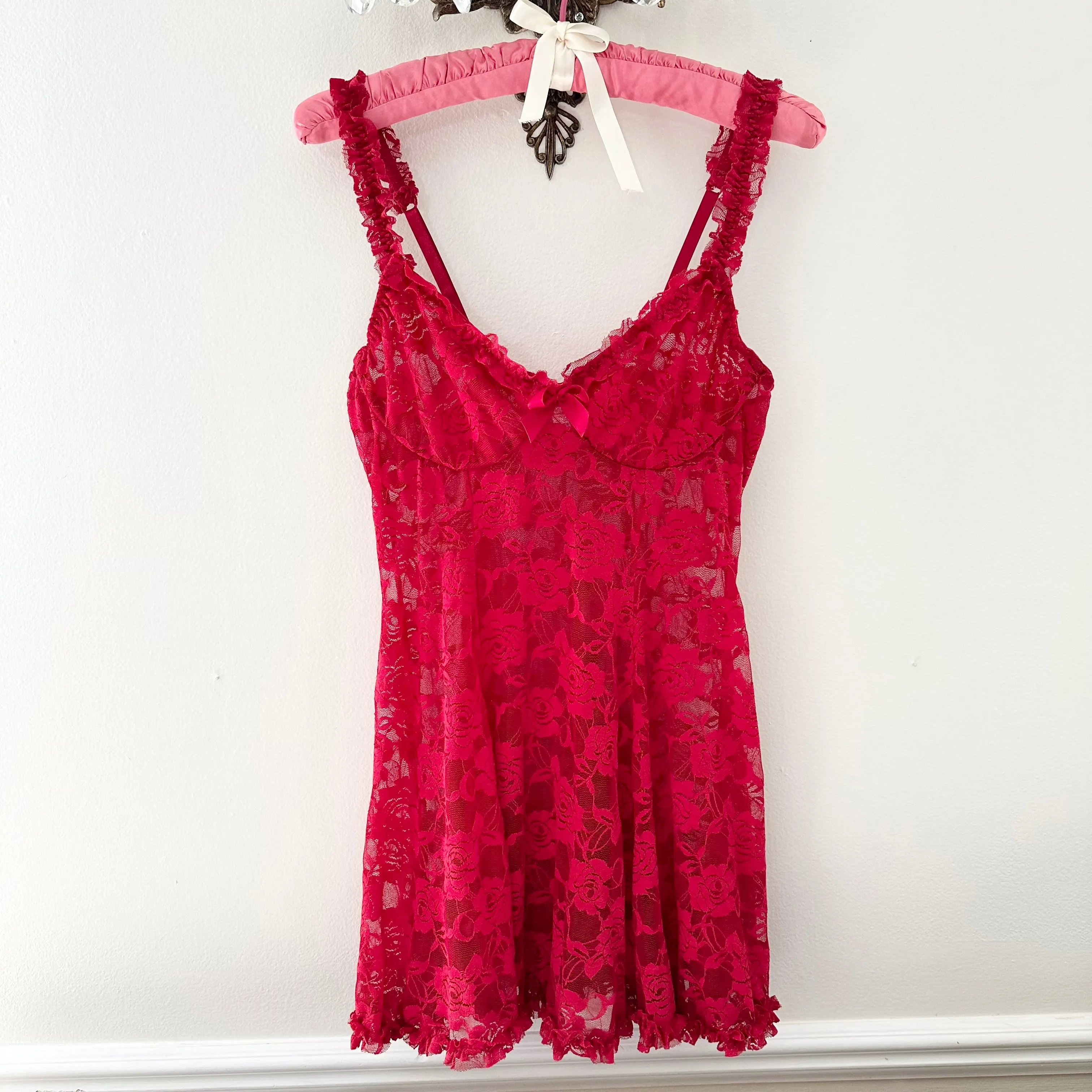 1990s “Mona Rose” Madison Beer Lace Slip Mini Dress