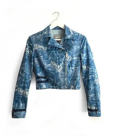 1990s VERSACE COUTURE BLUE DENIM LOGO CROPPED BOLERO JACKET