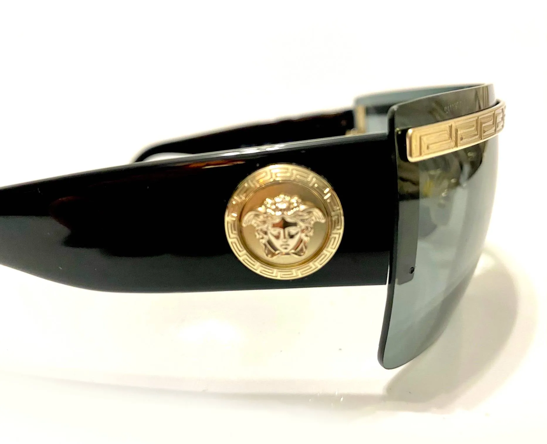 1990s Versace Medusa Medallion Mask Dark Lenses Gold Sunglasses