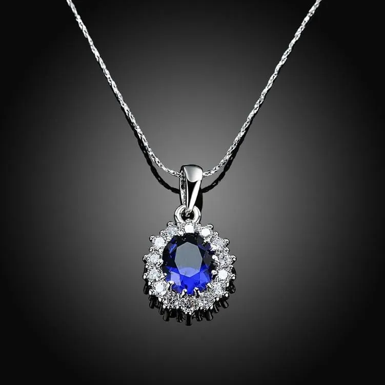 3.55 CTTW Sapphire Oval Cut Necklace Set in 18K White Gold Plated