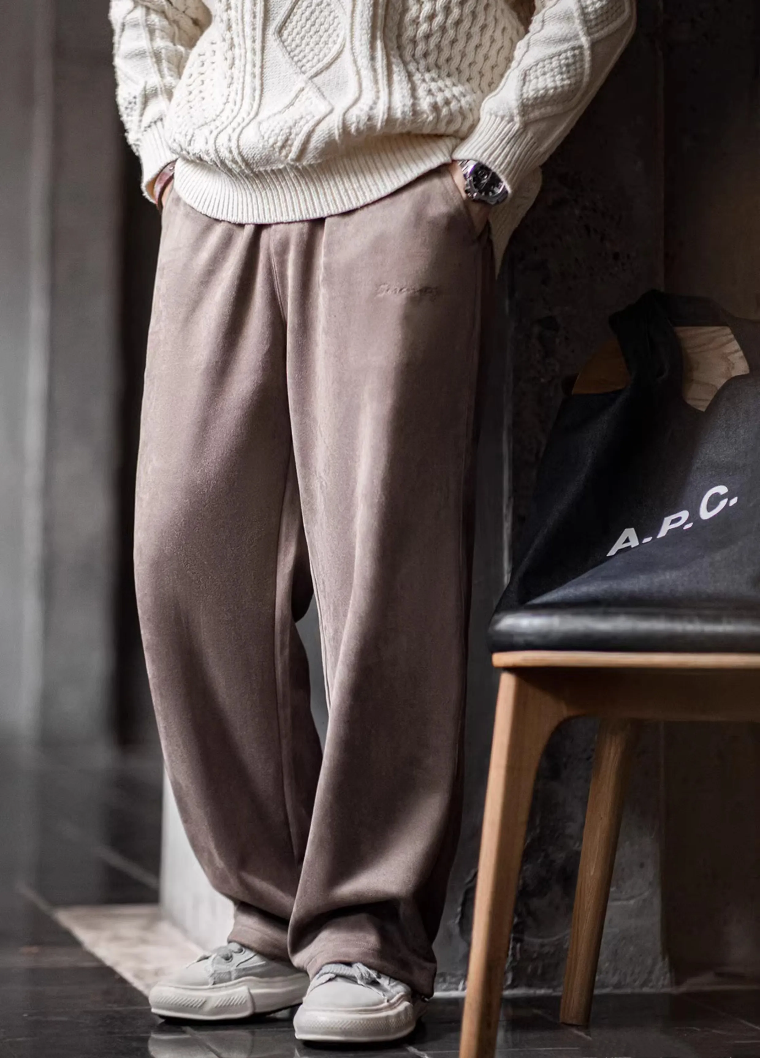 American Brushed Suede Sweatpants Lazy Loose Drape Wide-Leg  Men's Trousers