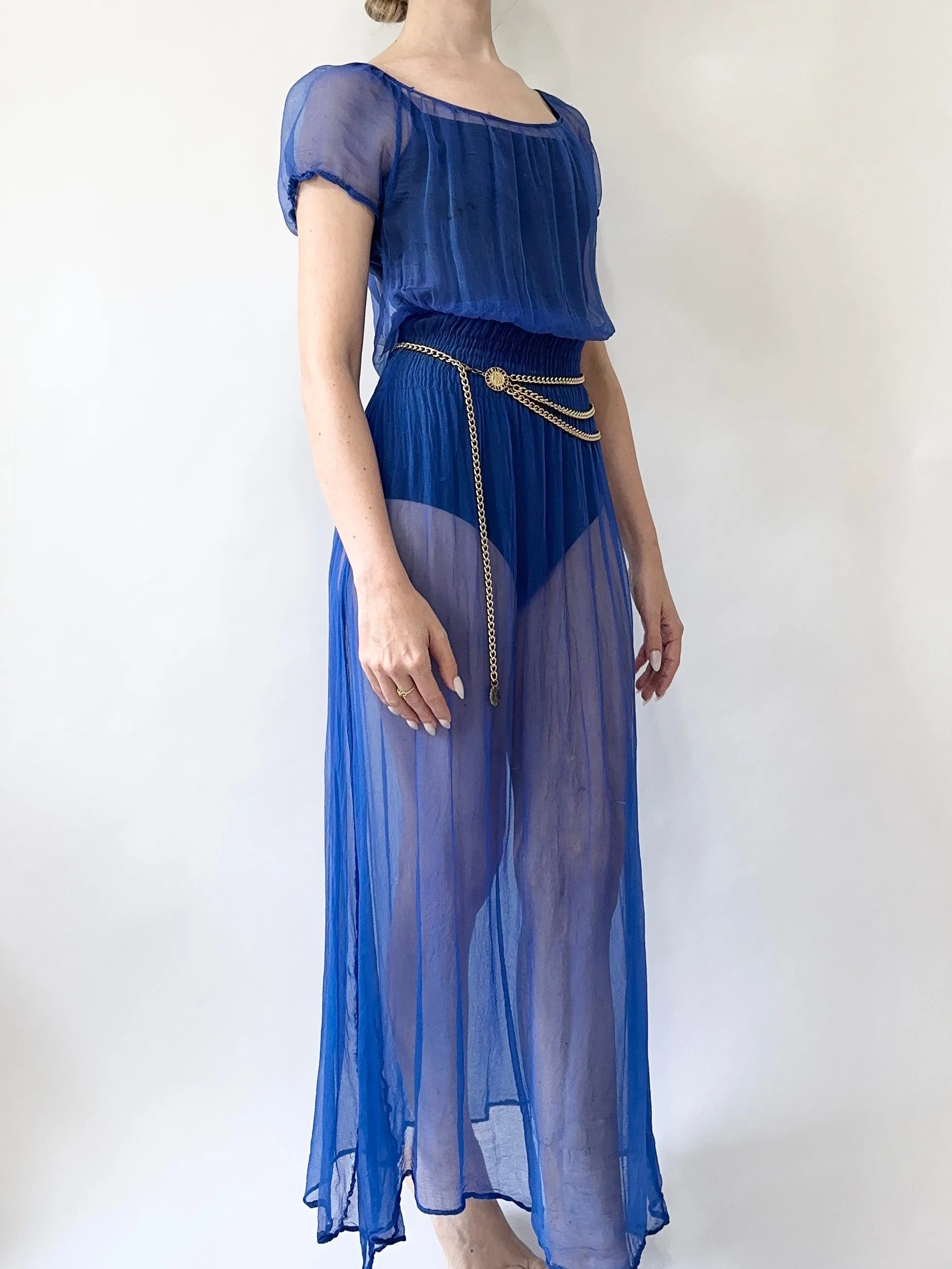 Antique 1930s Sheer Blue Silk Slip Dress (XS)