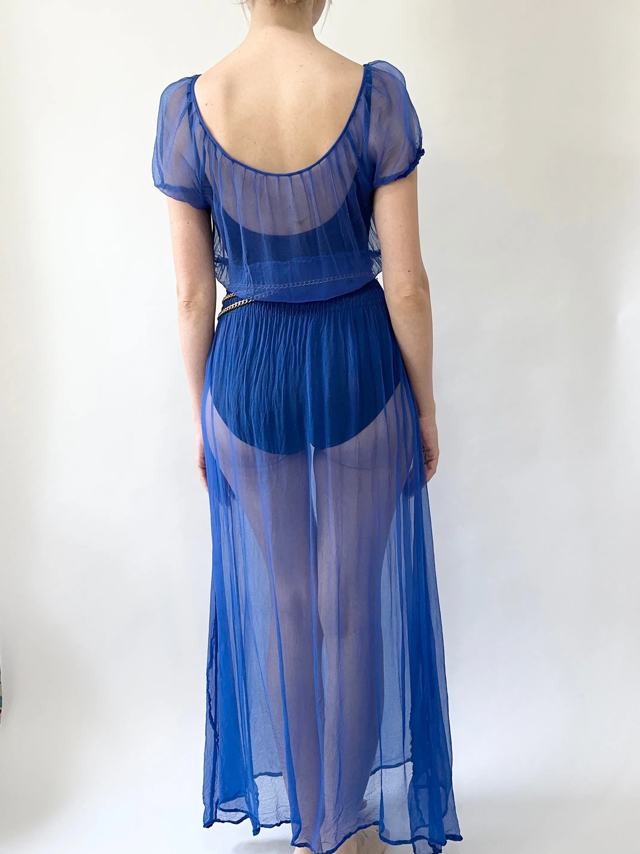 Antique 1930s Sheer Blue Silk Slip Dress (XS)