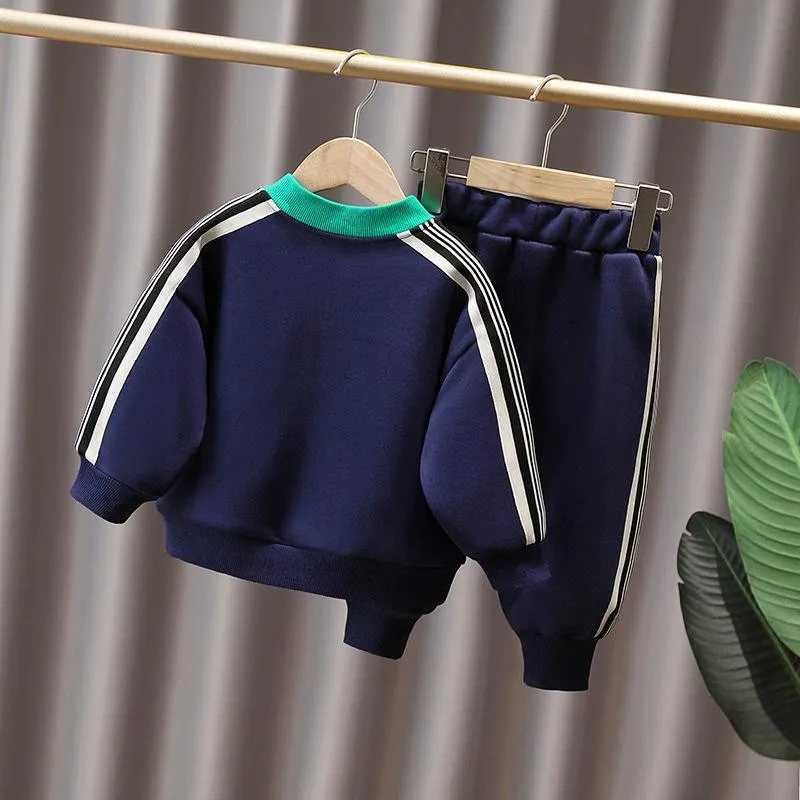 Autumn and winter boys plus velvet sports vests two-piece set