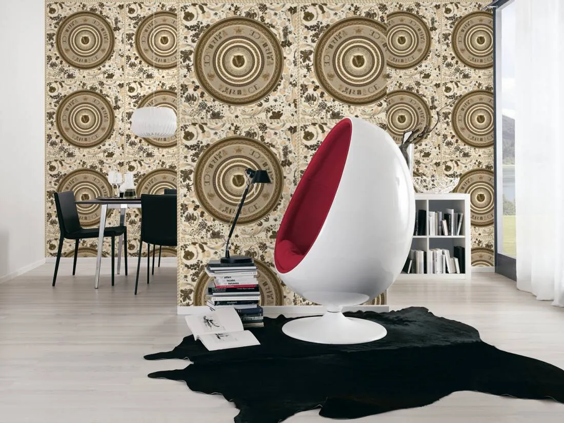 Baroque Circle Textured Wallpaper in Black/Cream from the Versace V Collection