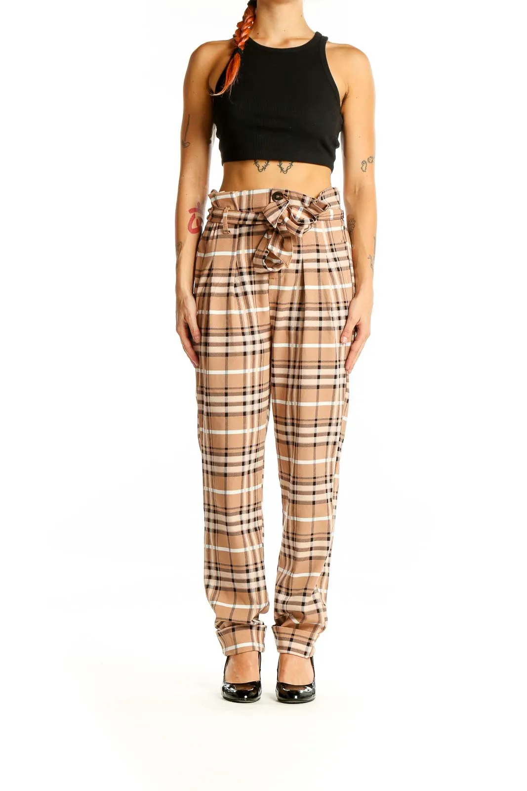 Beige Plaid High-Waisted Belted Pants