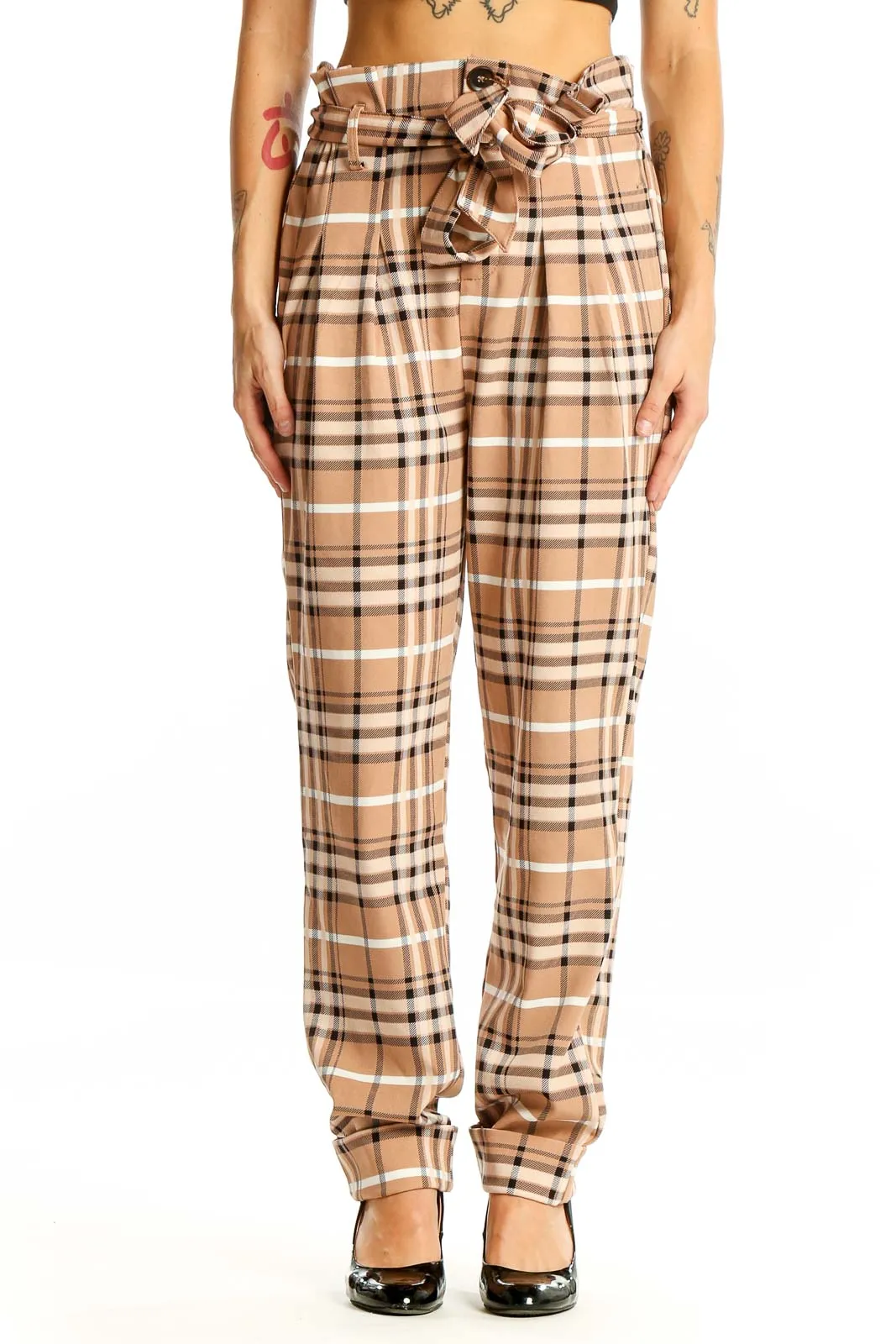 Beige Plaid High-Waisted Belted Pants