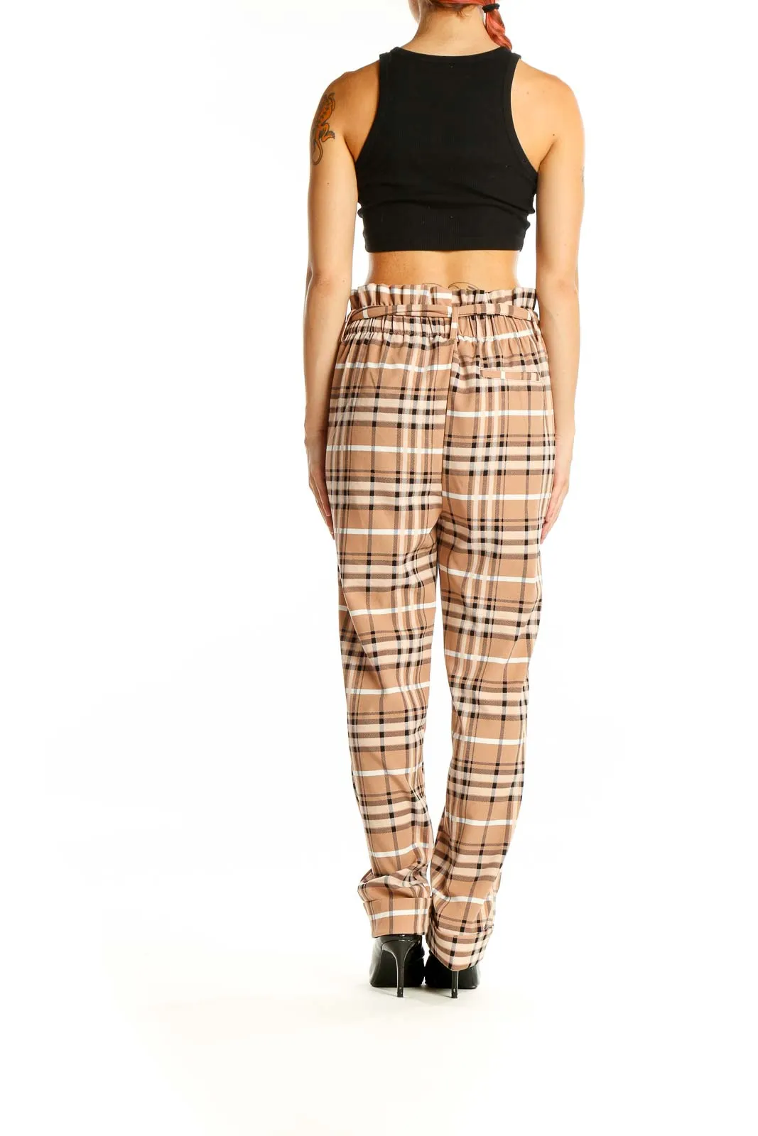 Beige Plaid High-Waisted Belted Pants