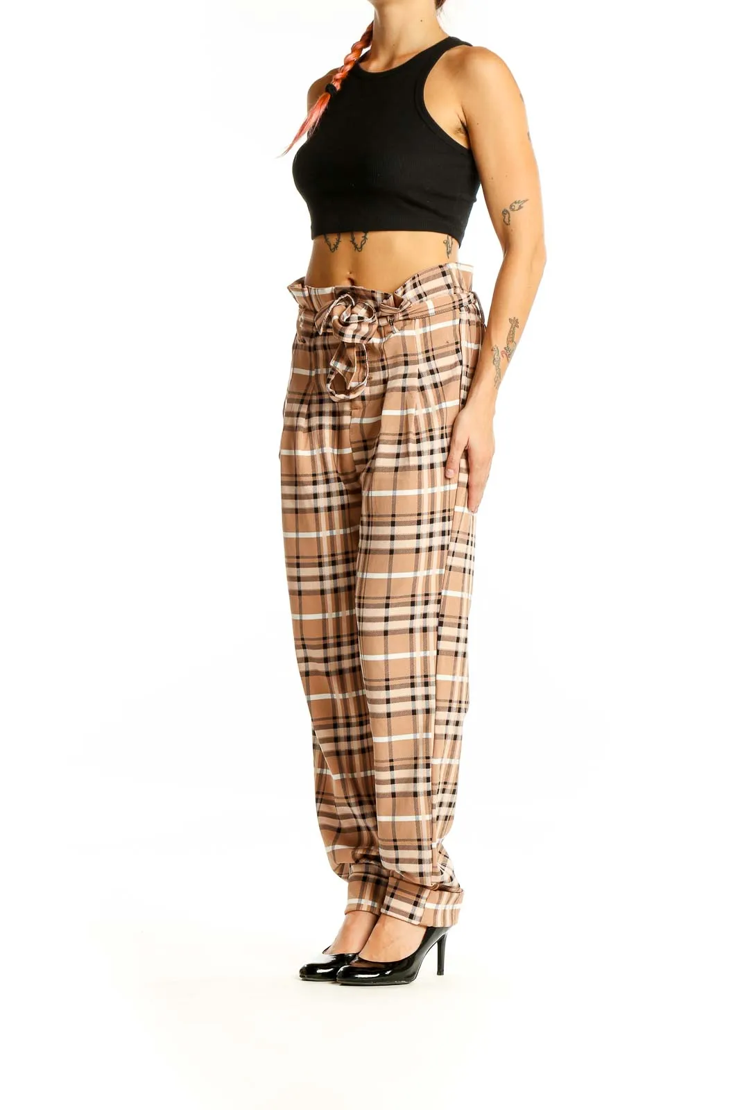 Beige Plaid High-Waisted Belted Pants