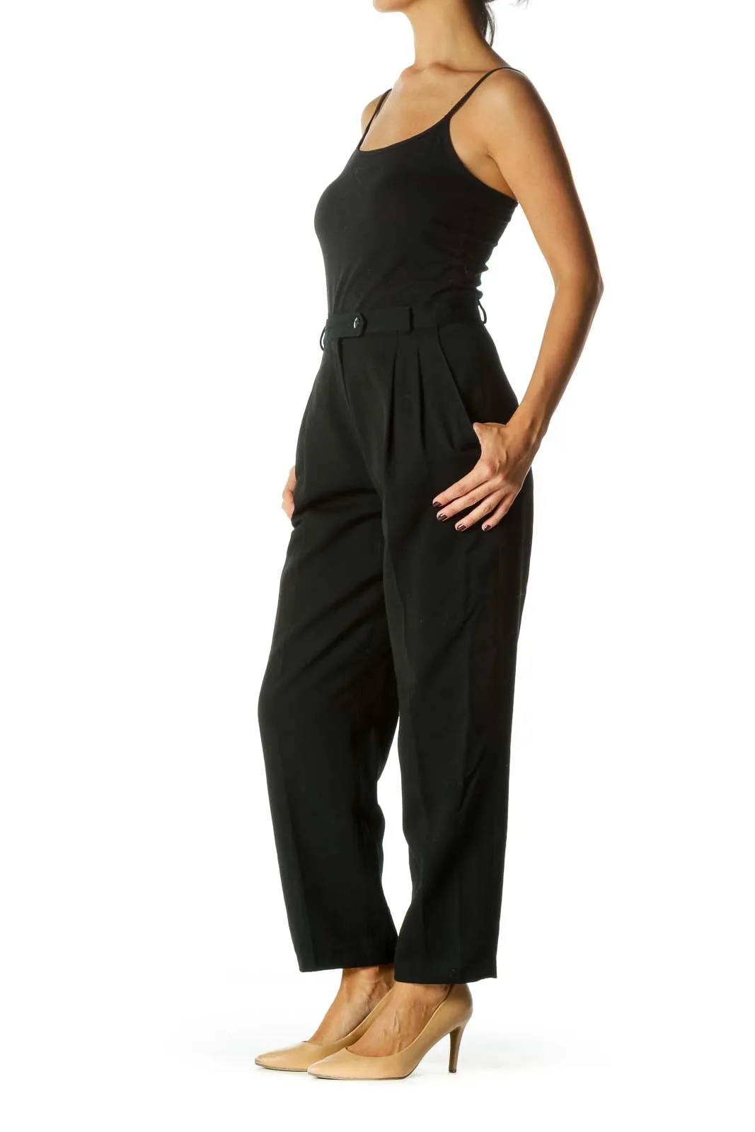 Black 100% Wool Designer High-Waisted Pants