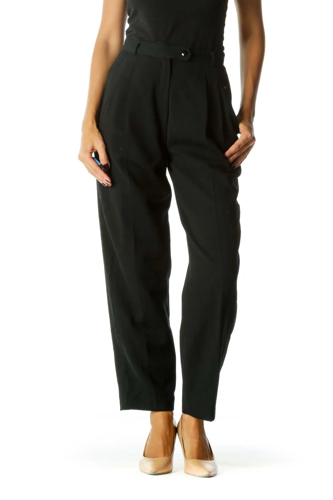 Black 100% Wool Designer High-Waisted Pants