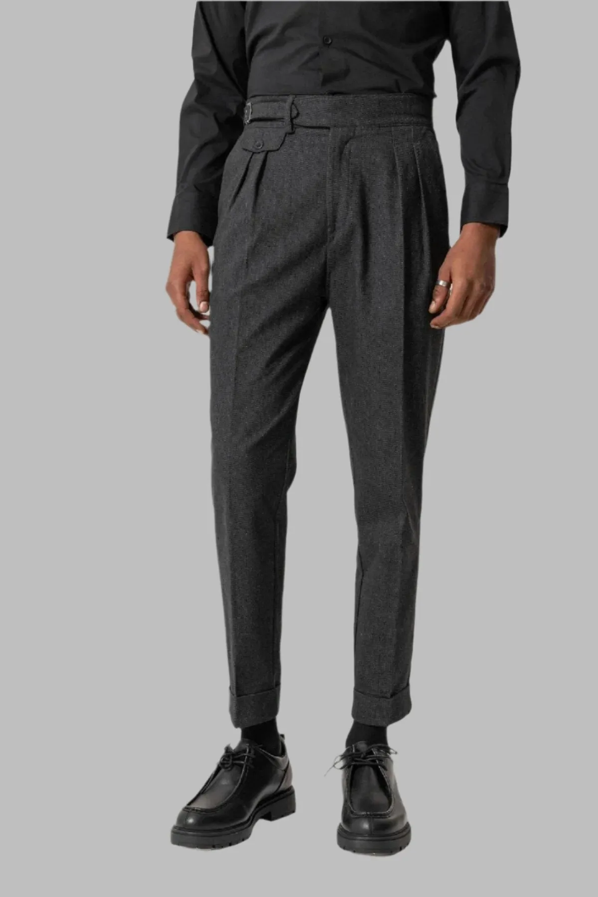 Black High-Waisted Men's Trousers with Buckle Detail - Wessi