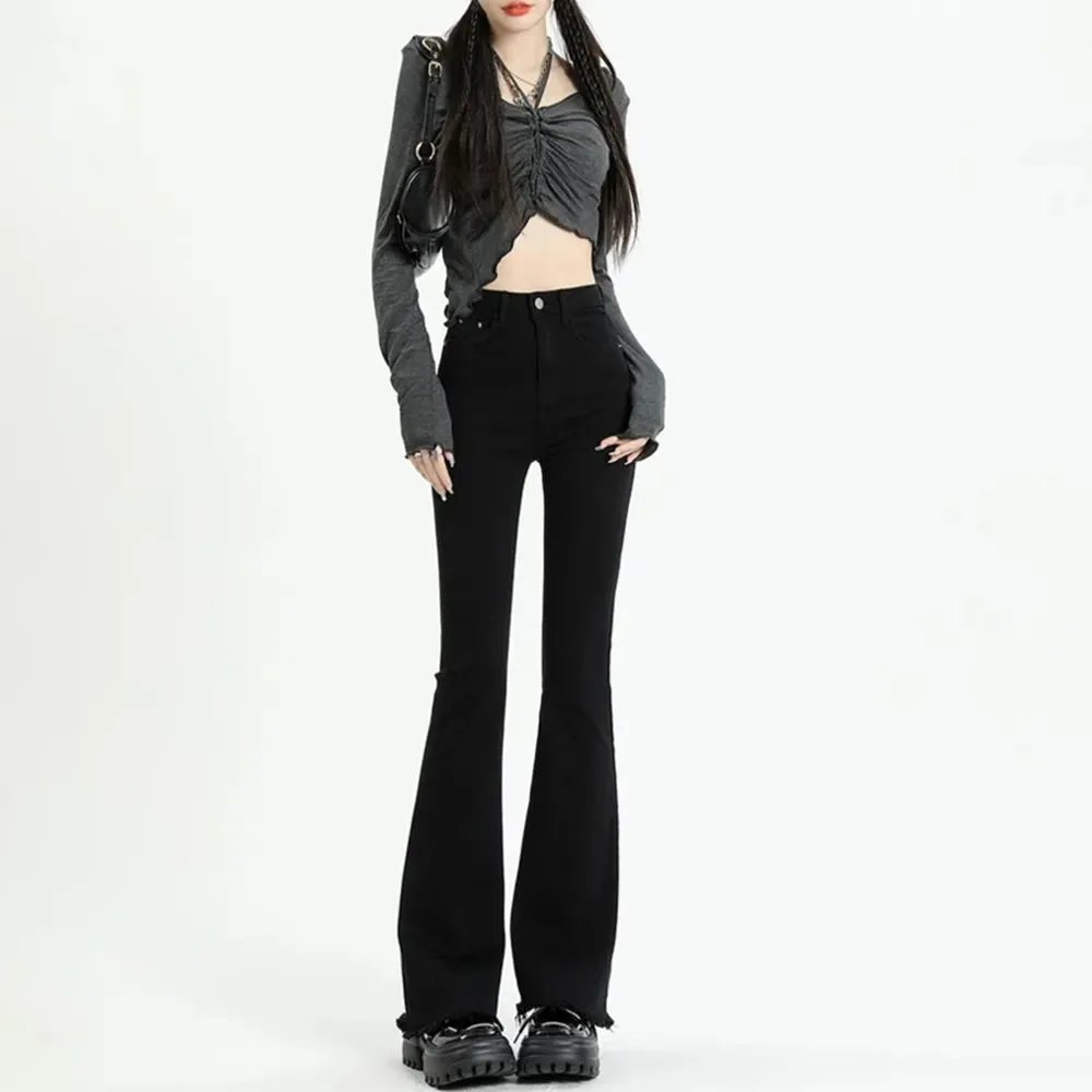 Bonnyshow Gray Flared Jeans Women's Spring Autumn High-waisted Slim-fit Pants Retro Y2K Street Female Denim Trousers