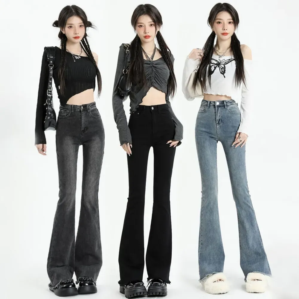 Bonnyshow Gray Flared Jeans Women's Spring Autumn High-waisted Slim-fit Pants Retro Y2K Street Female Denim Trousers