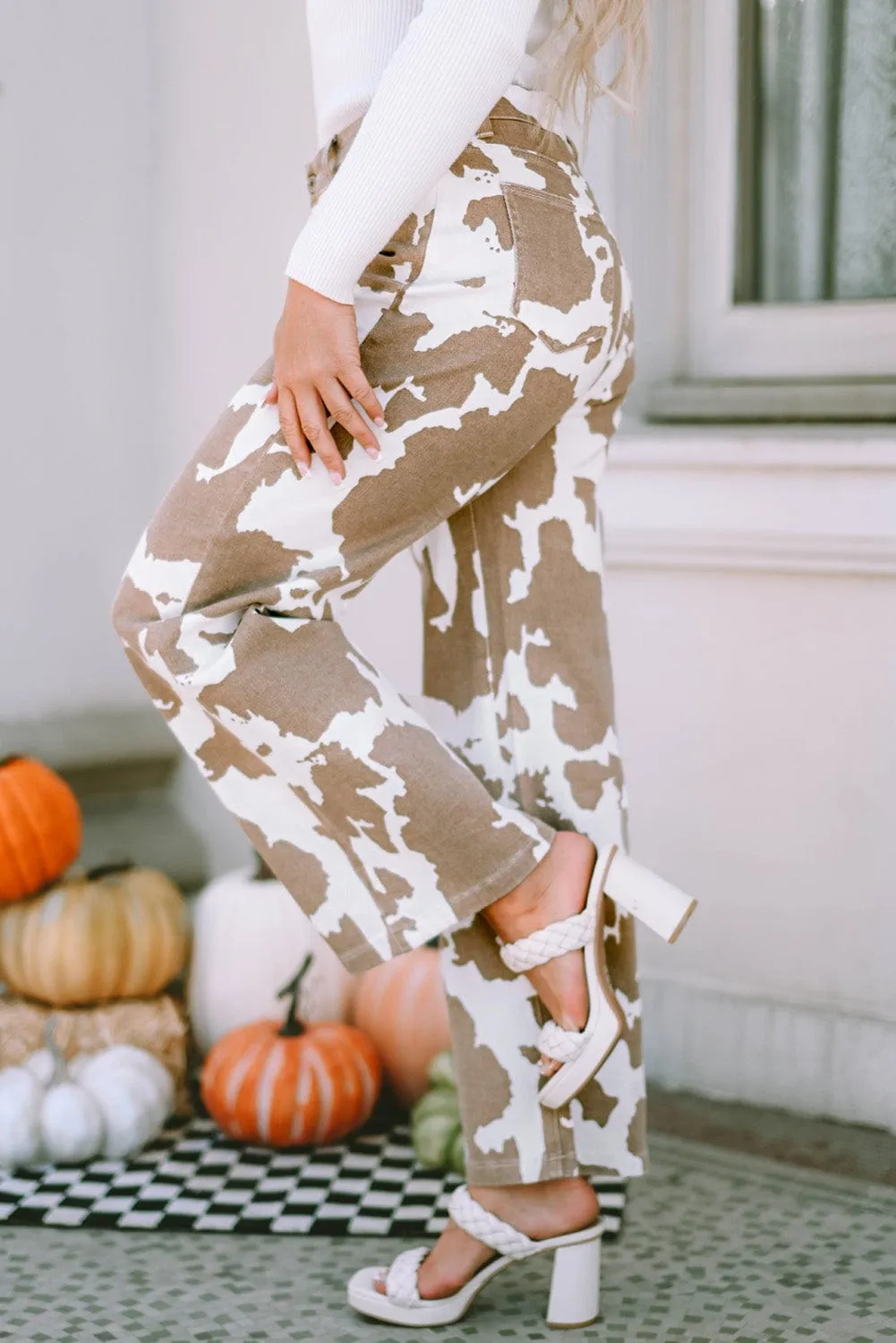 Brown and White Cow Print Pants