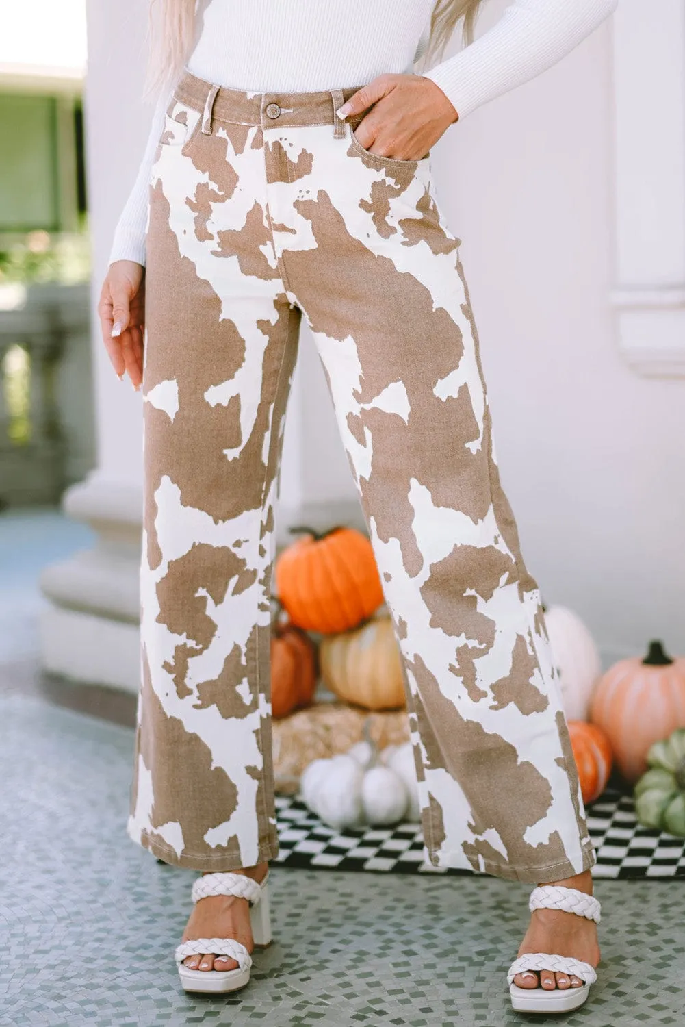 Brown and White Cow Print Pants