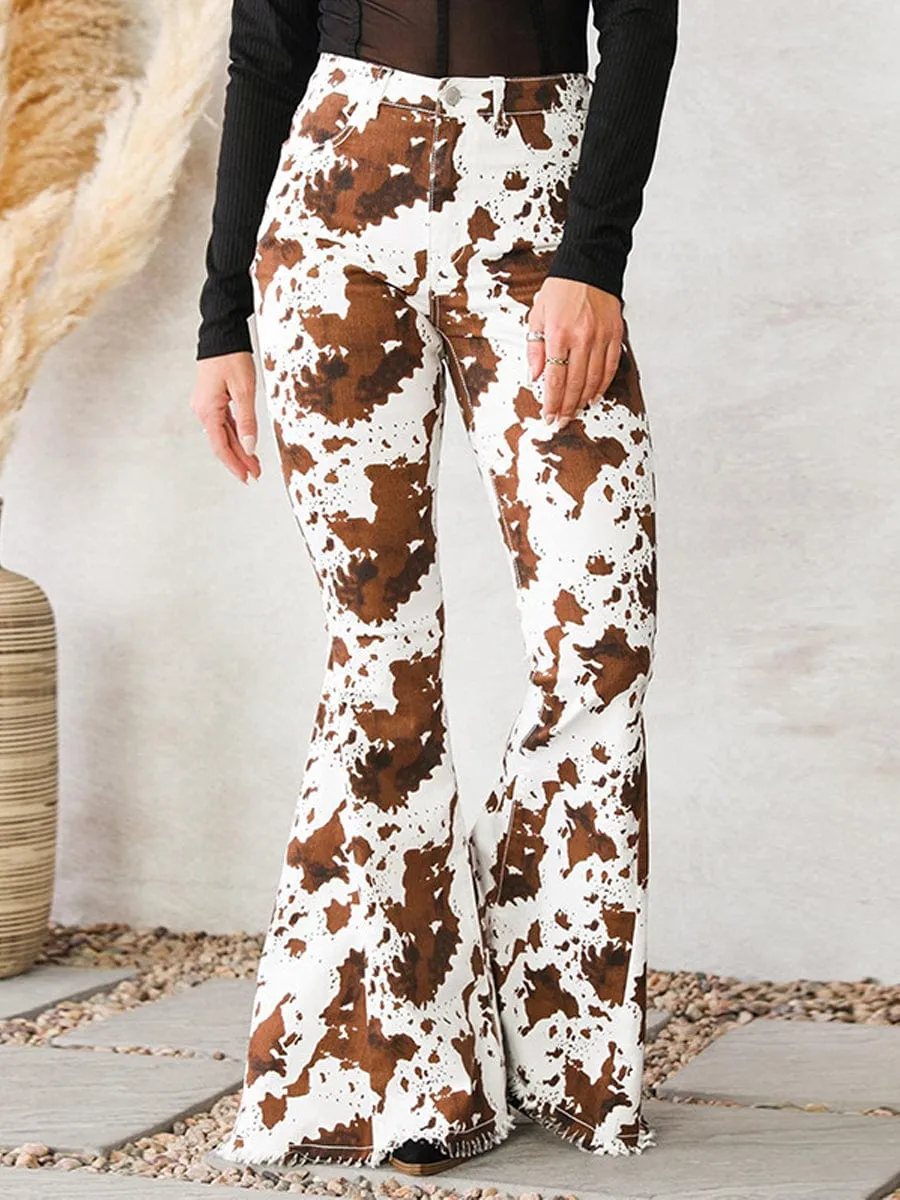 Brown and White Cow Print Pants