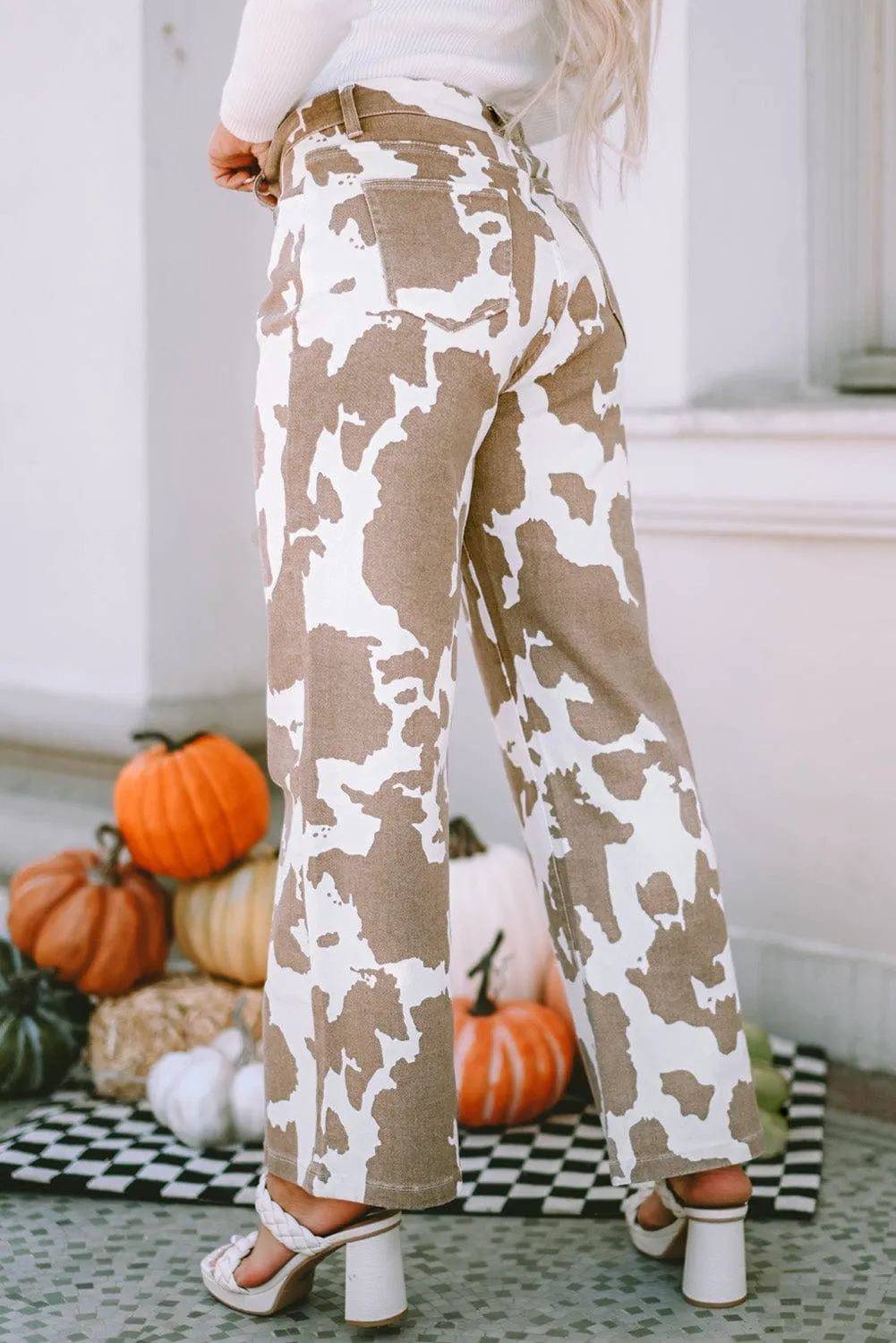 Brown and White Cow Print Pants