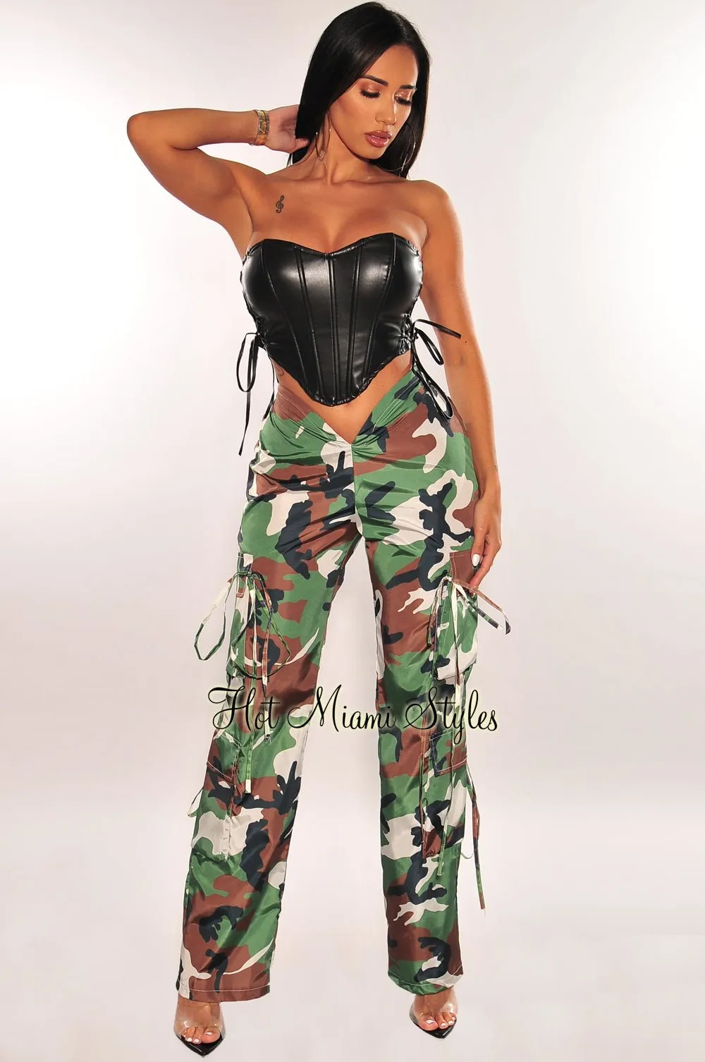 Camo Army Print V Cut Waist Flap Pockets Cargo Pants