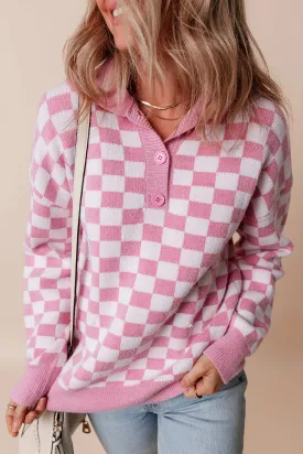 Checkered Buttons Collar Sweater