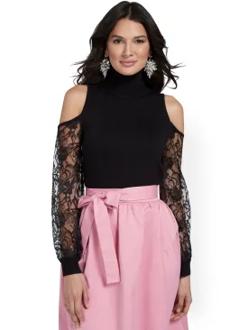 Cold-Shoulder Lace-Sleeve Turtleneck Sweater