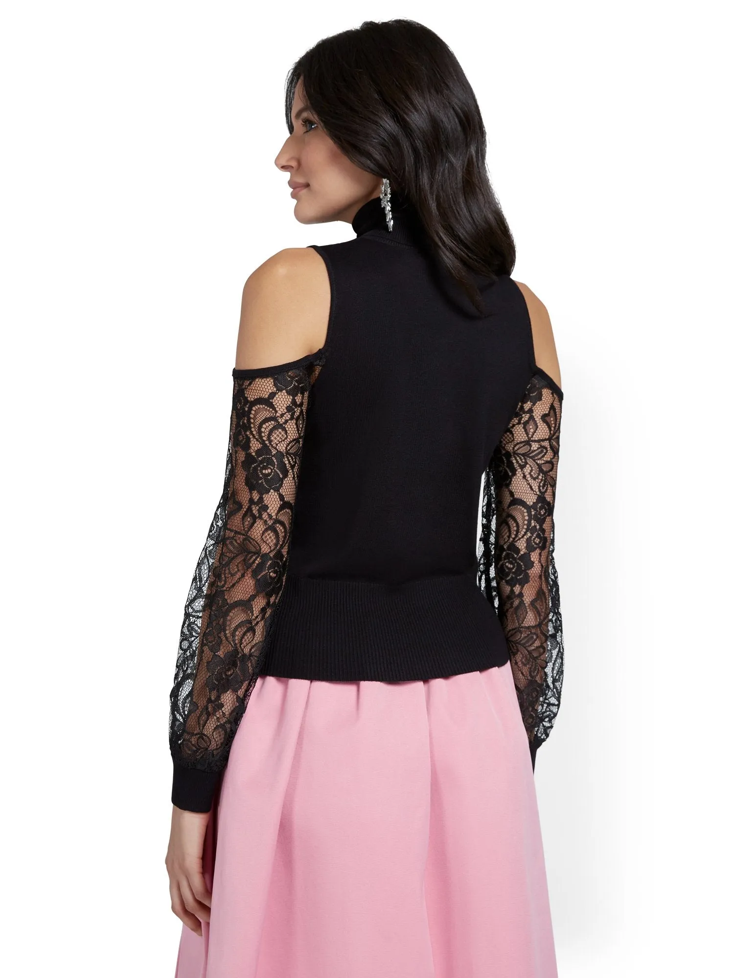 Cold-Shoulder Lace-Sleeve Turtleneck Sweater