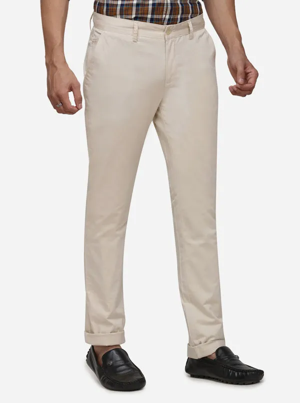 Cream Solid Super Slim Fit Casual Trouser | Greenfibre