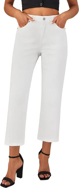 Cream White Women's High Waisted Straight Leg Jeans Kick Flare Denim Long Pants