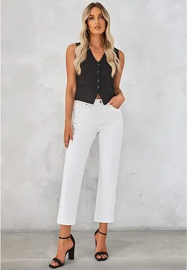 Cream White Women's High Waisted Straight Leg Jeans Kick Flare Denim Long Pants