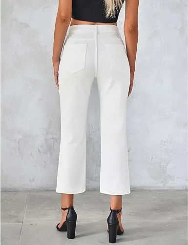 Cream White Women's High Waisted Straight Leg Jeans Kick Flare Denim Long Pants