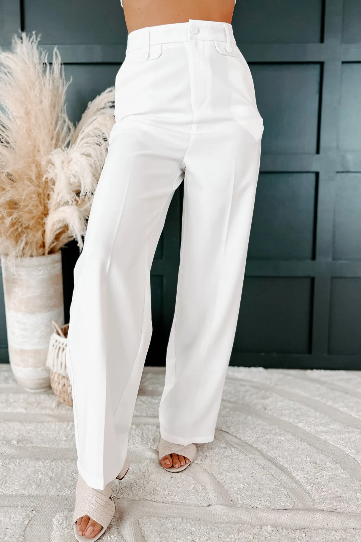 Crunching Numbers High Waisted Straight Leg Pants (White)