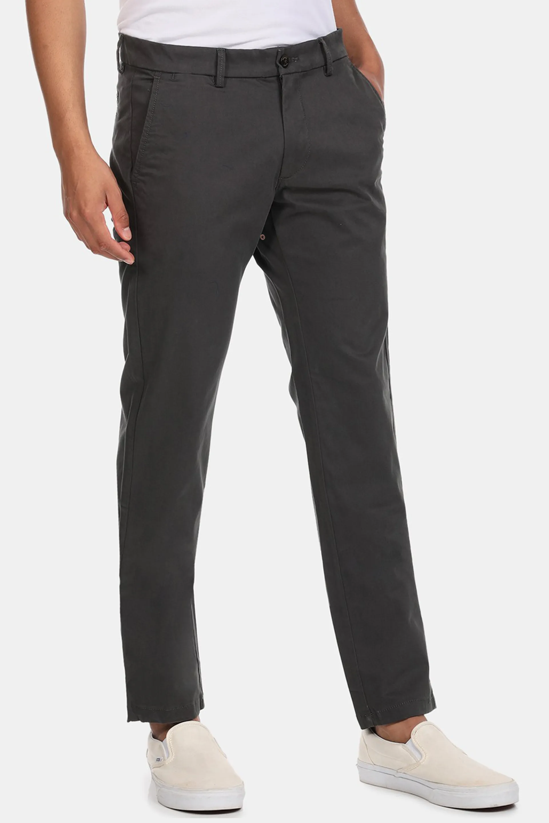 Dark Grey Textured Cotton Chinos Pants