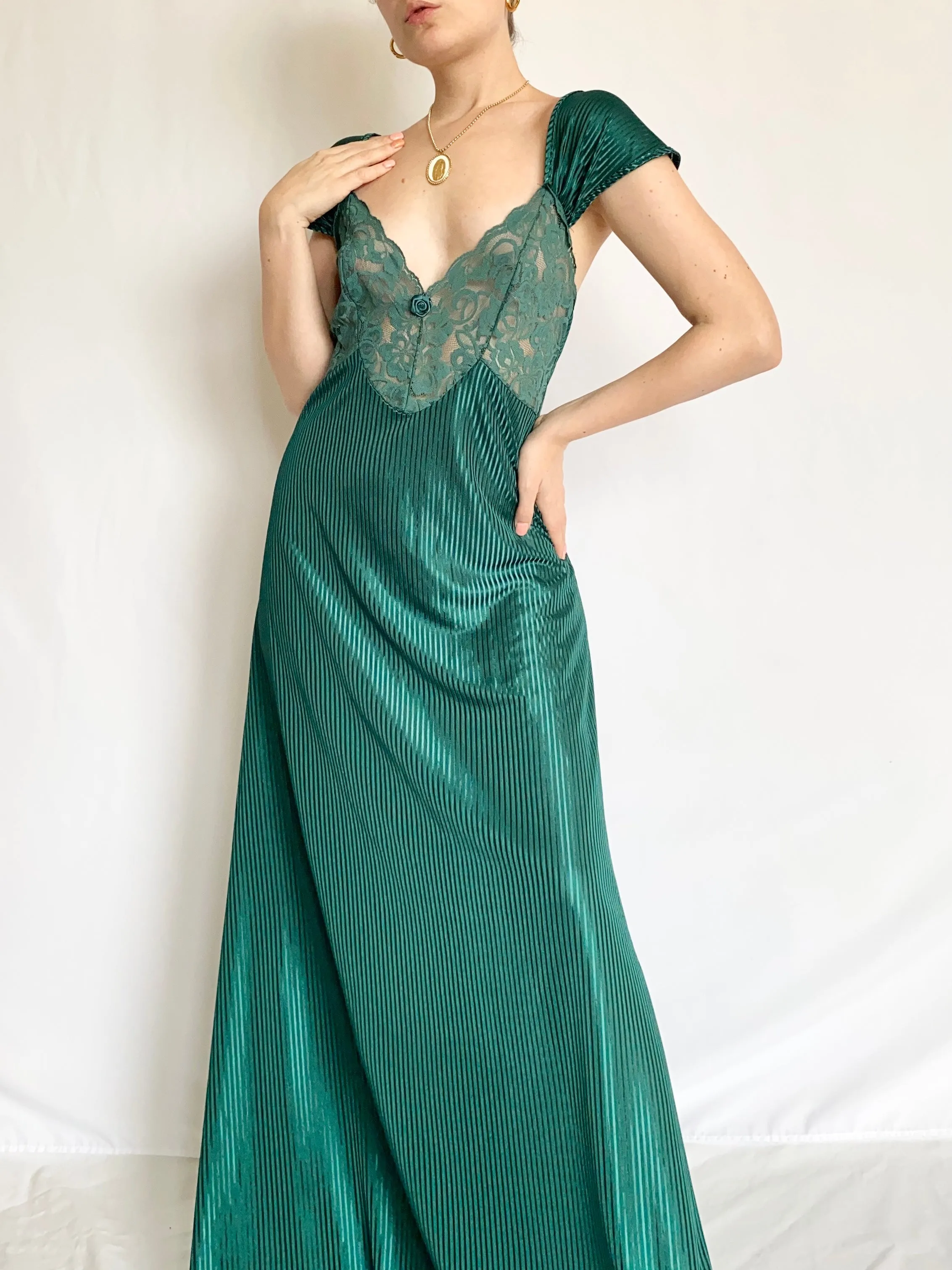 Emerald Green Vintage Pinstripe Slip Dress