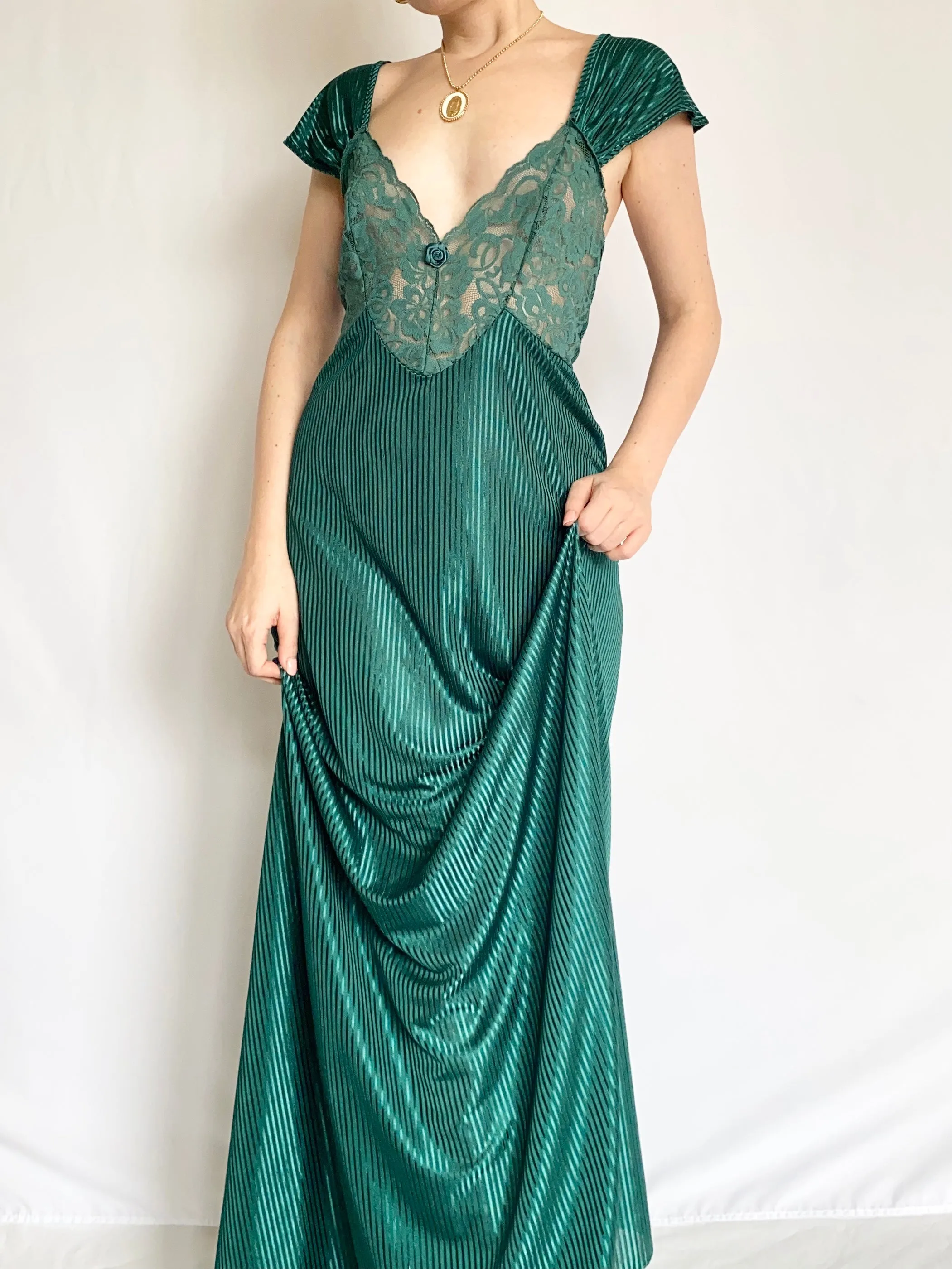 Emerald Green Vintage Pinstripe Slip Dress