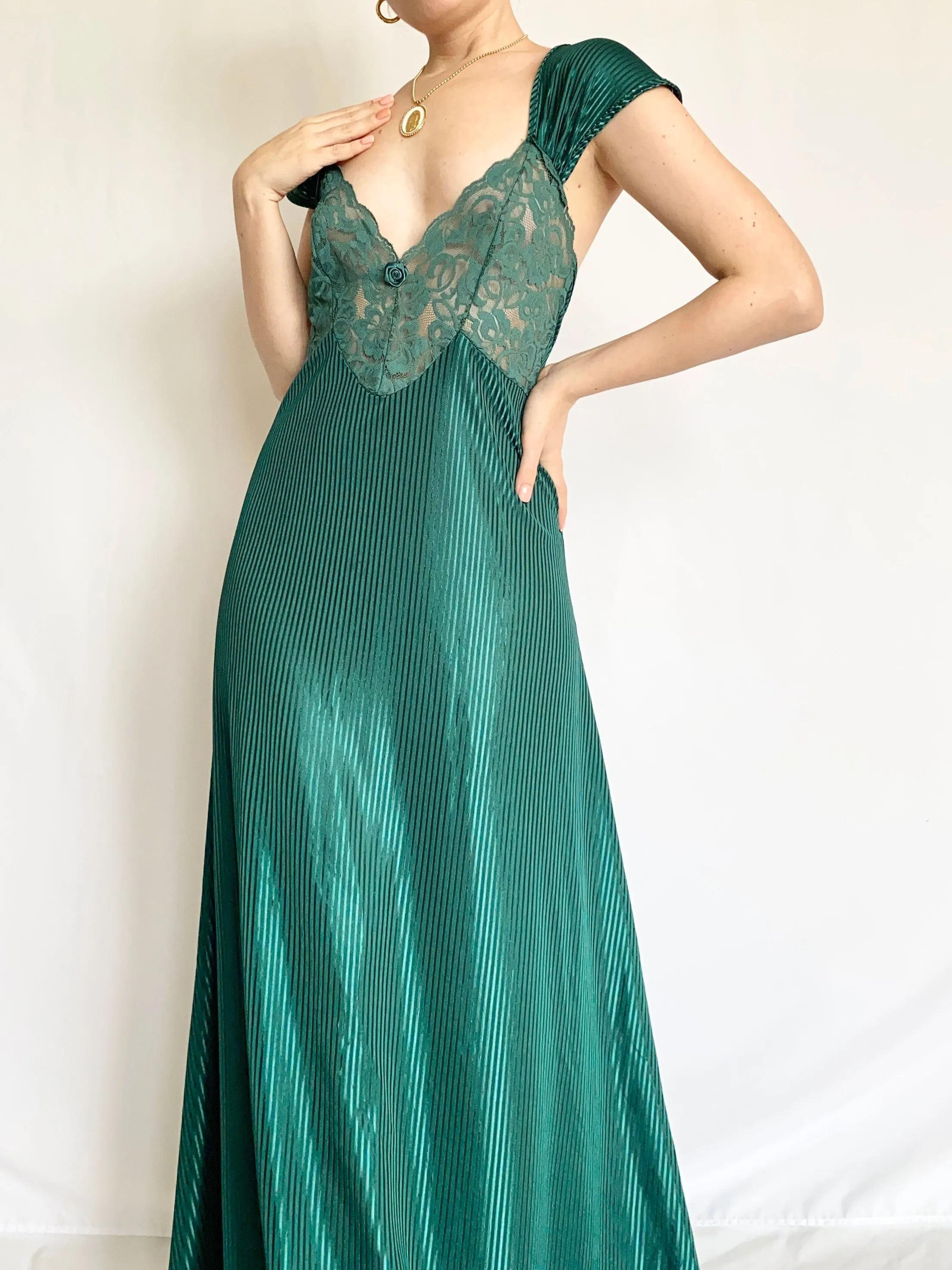 Emerald Green Vintage Pinstripe Slip Dress