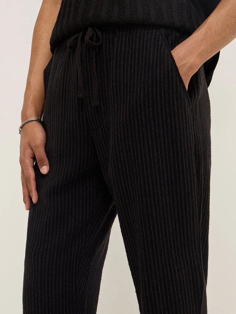 ETA Black Pinstriped Relaxed-Fit Mid-Rise Cotton Chinos