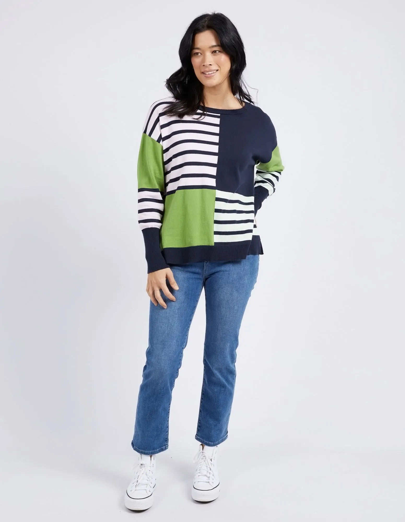 Fig Mixed Knit Navy & Green Stripe