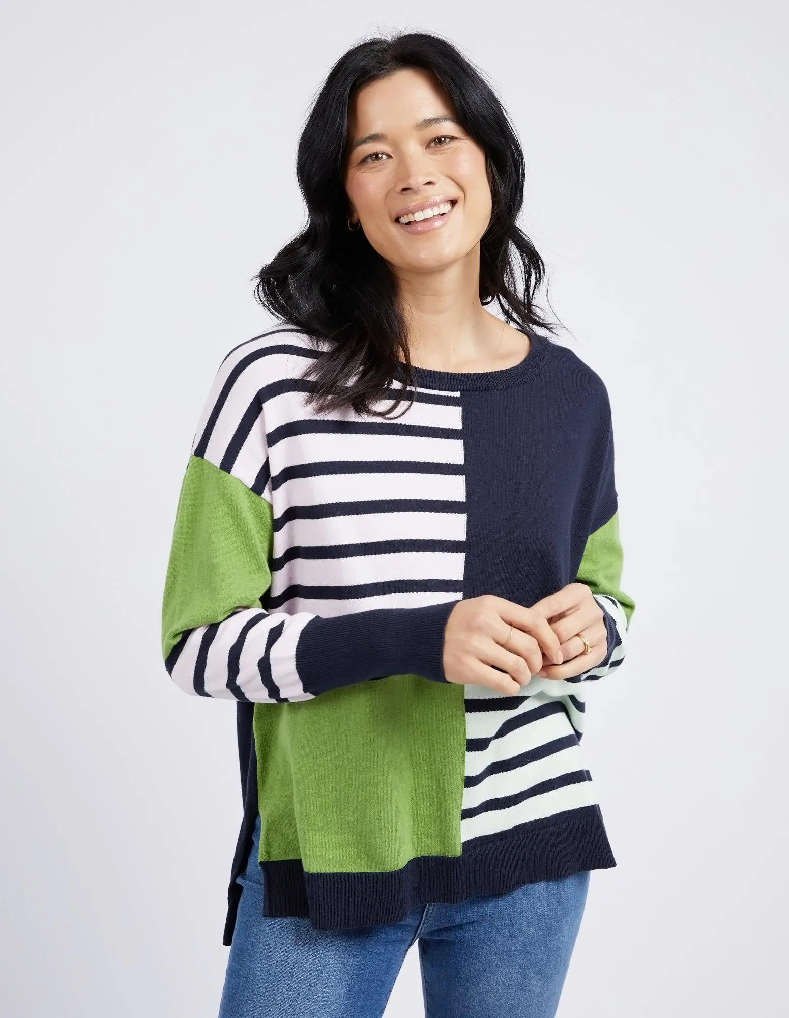 Fig Mixed Knit Navy & Green Stripe