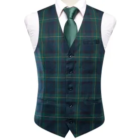 Green Blue Yellow Plaid Silk England Style Men's Single Vest Waistcoat