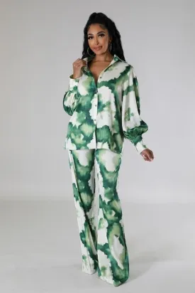 Green Print High Waisted Pants Two Piece Set