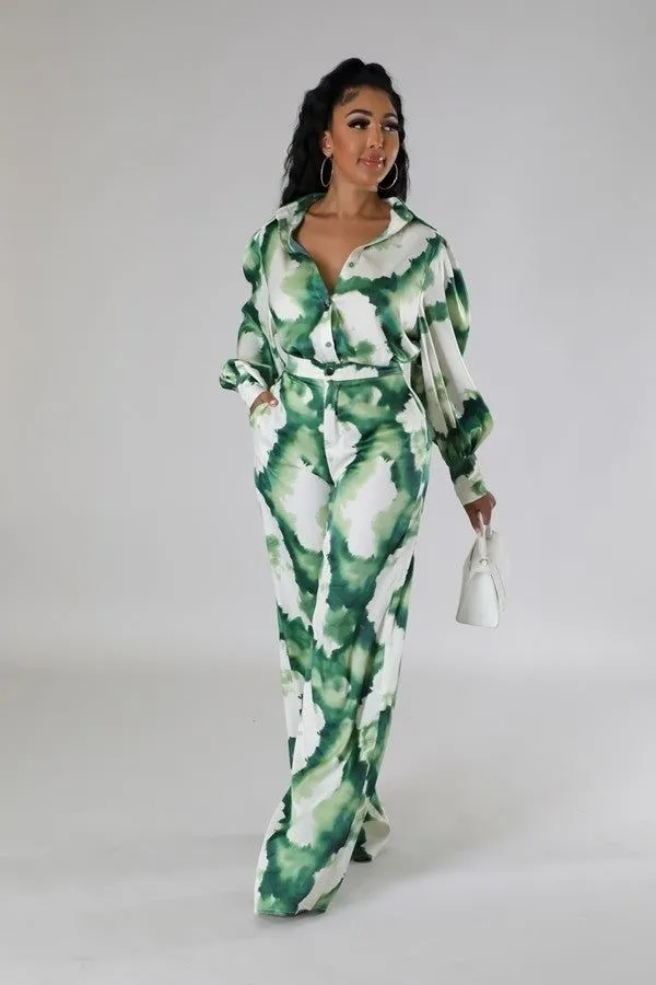 Green Print High Waisted Pants Two Piece Set