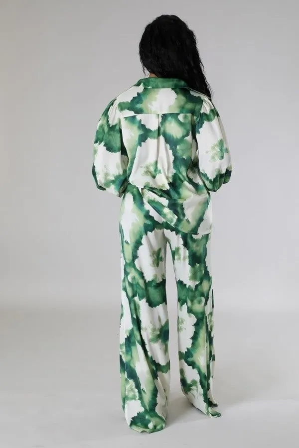 Green Print High Waisted Pants Two Piece Set