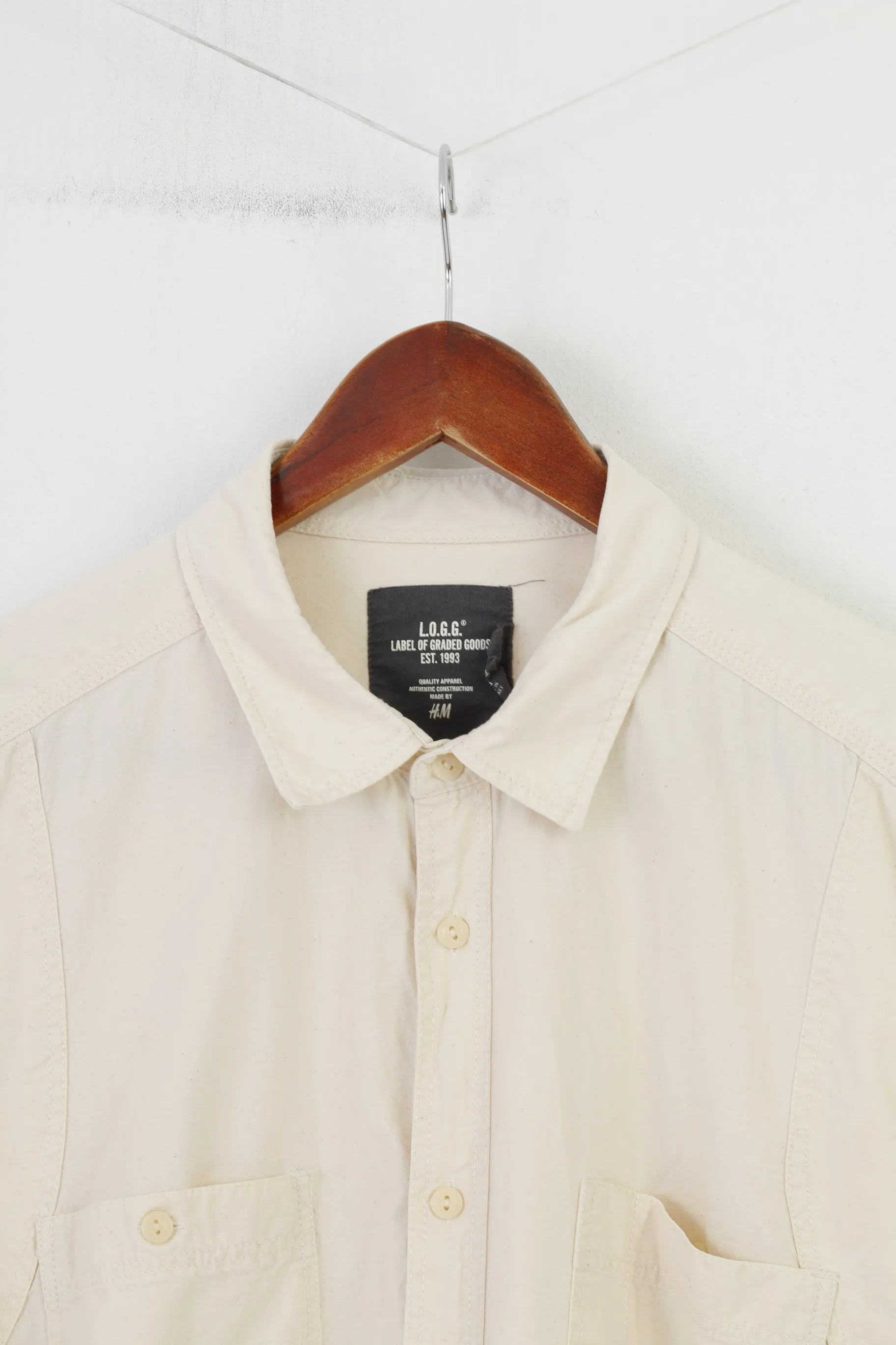 H&M Men XL Casual Shirt Cream Cotton Long Sleeve Collar Elegant Top