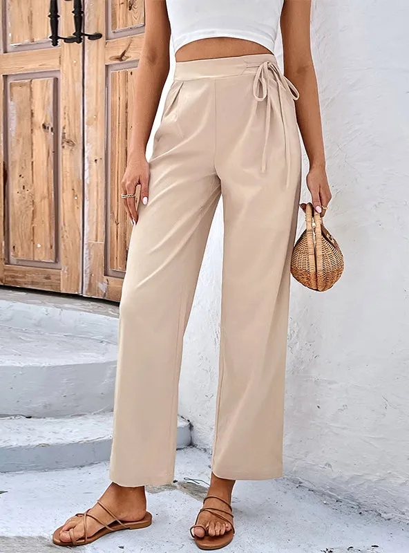 High Waist Solid Color Nine-point Straight Pants