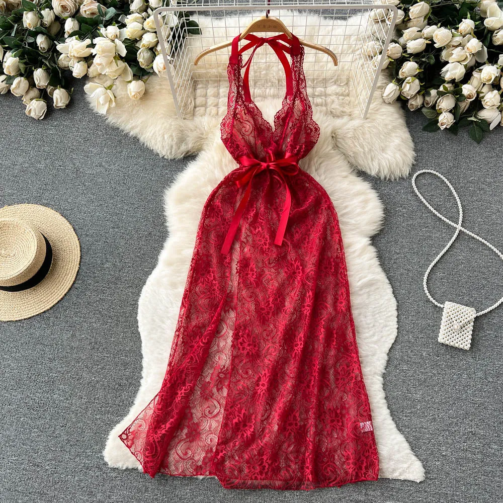 Hollowed Lace-up Red Halter Dress