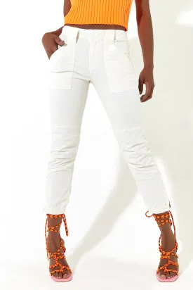 House of Holland Off White Skinny Cropped Trousers With a Pocket Detail and Metal Zip Detail