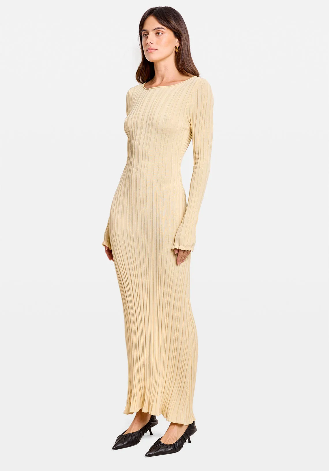 IRREGULAR RIB KNIT LS MIDI DRESS BUTTER