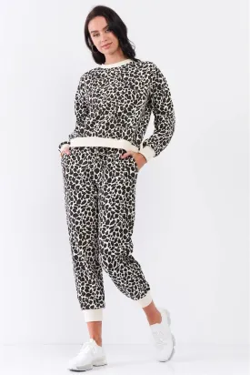 Ivory & Black Leopard Oversized Rib Cuff Round Neck Long Sleeve Top High Waisted Jogger Pants Set /3-1-1