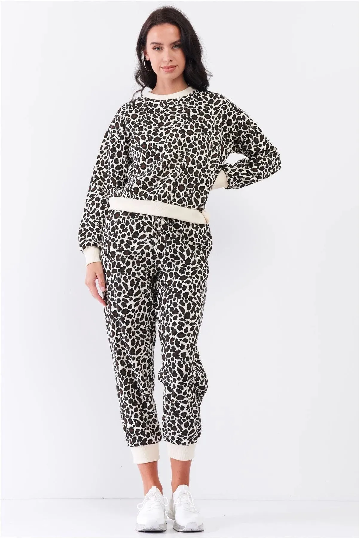 Ivory & Black Leopard Oversized Rib Cuff Round Neck Long Sleeve Top High Waisted Jogger Pants Set /3-1-1